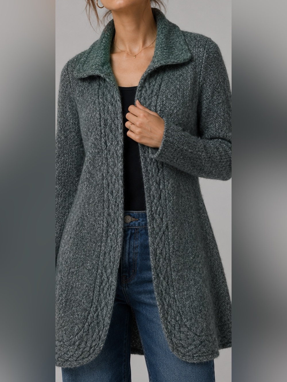 prAna Women’s M Gray Cable Knit Longline Cardigan Sweater Snap Front